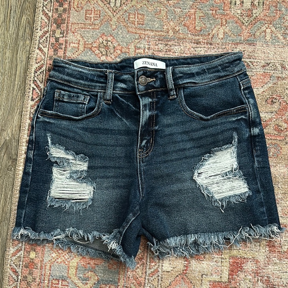 Zenana Outfitters Women's Distressed Denim Shorts - dark wash